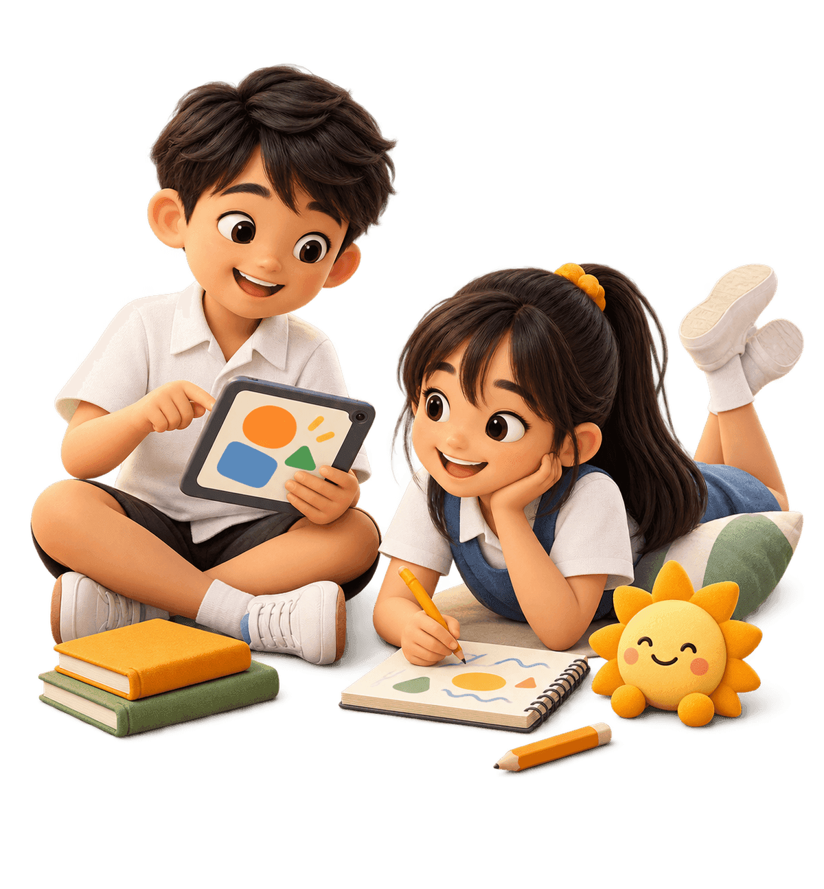 Two Singapore primary-school children happily practising with a tablet and a notebook