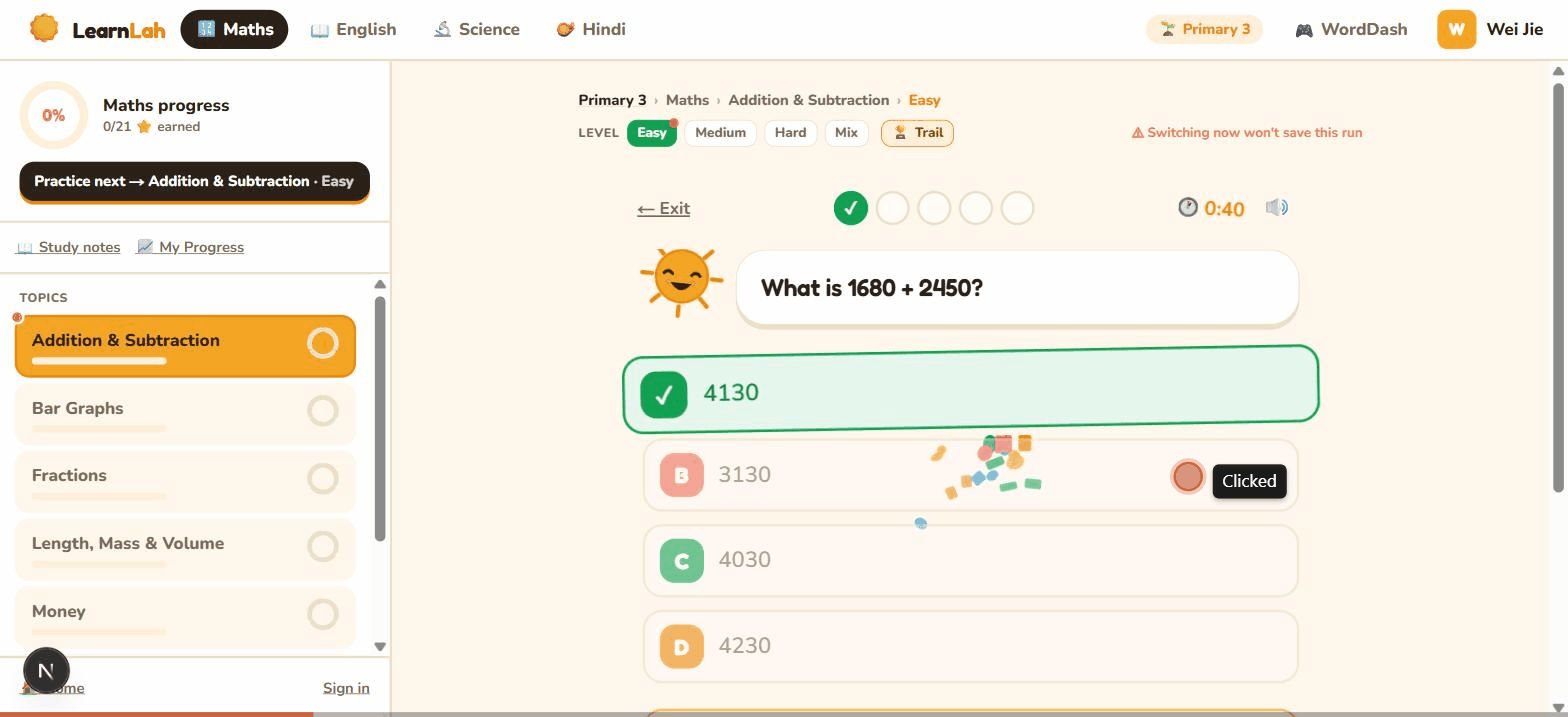 A short recording of answering a quiz question: picking an option, seeing it marked instantly, reading the Why? explanation, then moving to the next question.
