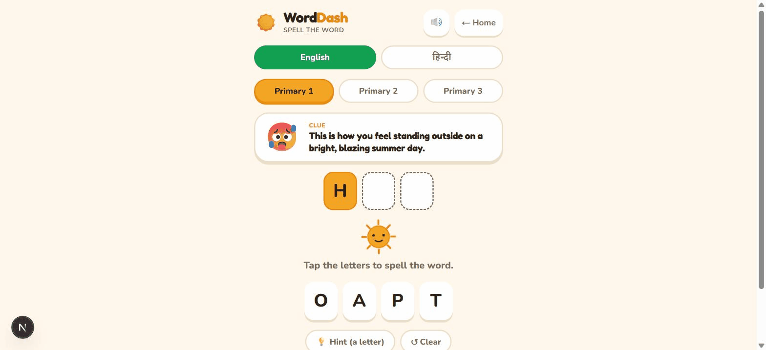 A short recording of playing WordDash: tapping letters to spell the word from a clue, then seeing 'You got it!' with stars.